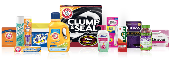 La gamme de marques de Church & Dwight; y compris Gravol, Arm & Hammer, Trojan, OxiClean, Antiphlogistine et plus.